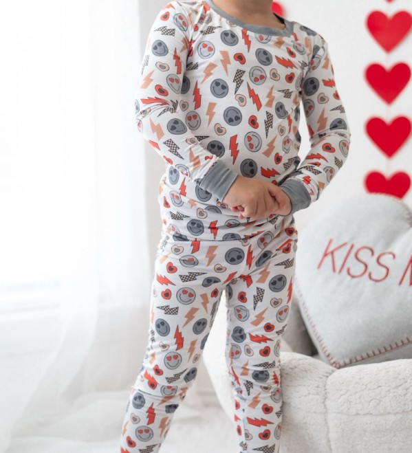 Preorder BLP1032 Smiley face Lightning heart grey white long sleeve trousers pajamas set