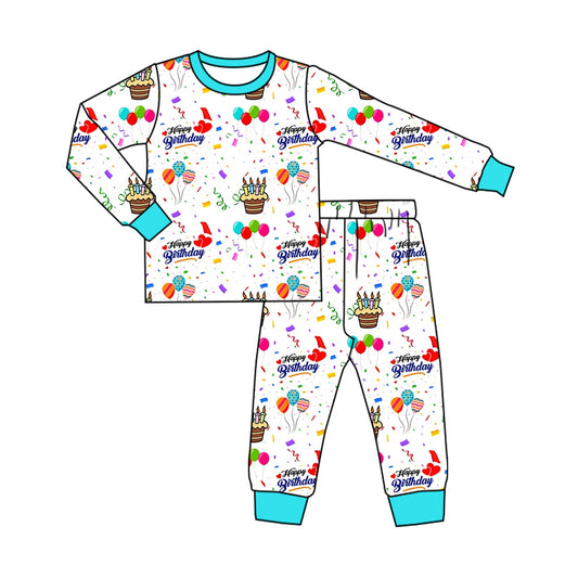preorder  BLP1067 Birthday Balloon Cake Blue White Long Sleeve Long Pants Pajamas Sets Boys Boutique clothes  202505