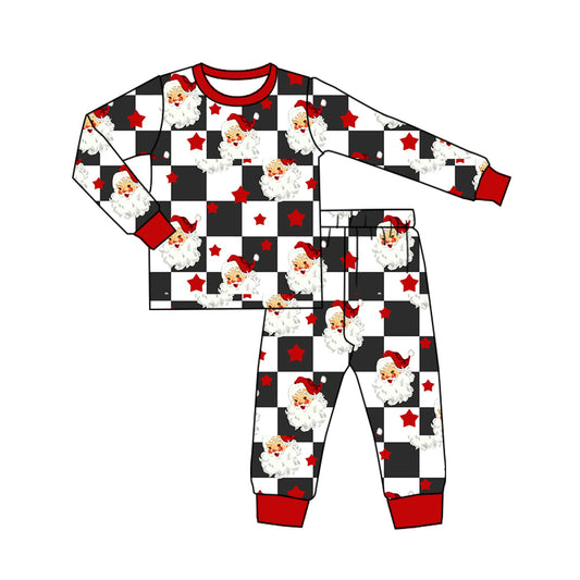 preorder  BLP1068 Satan Claus Merry Christmas Plaid Long Sleeve Pants Pajamas Sets Boys Boutique clothes  202505