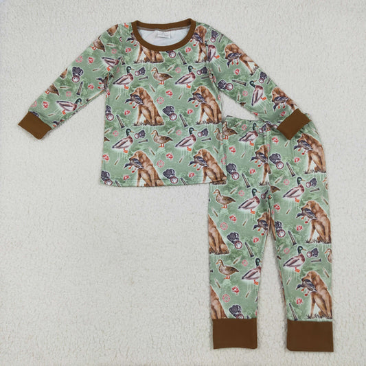 BLP1070 Duck Puppy Brown Green Long Sleeve Long Pants Pajama  Set Boys Boutique clothes  202507 RTS