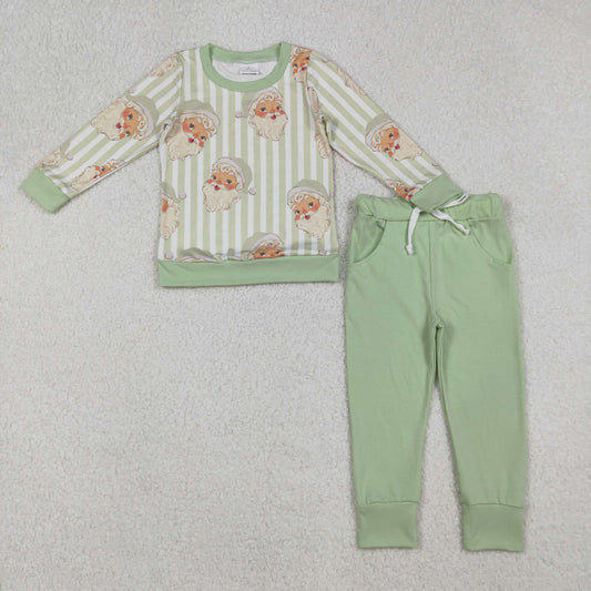 BLP1074 Christmas Santa Claus Pea Green Striped Long Sleeve Pants Boys Sets 202510 RTS