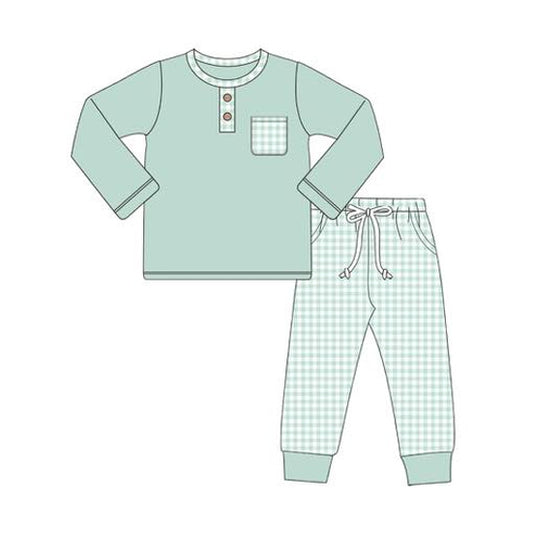 preorder  BLP1077 Boys Boutique Pea Green Pocket Long Sleeve Plaid Pants Set 202505