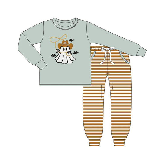 preorder  BLP1080 Boys Boutique Halloween Cowboy Hat Ghost Green Long Sleeve Striped Pants Set 202505