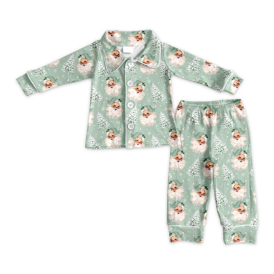 preorder  BLP1091 Christmas Boys Boutique Santa Claus Pea Green Polo Button Long Sleeve Pants Pajamas Set 202506