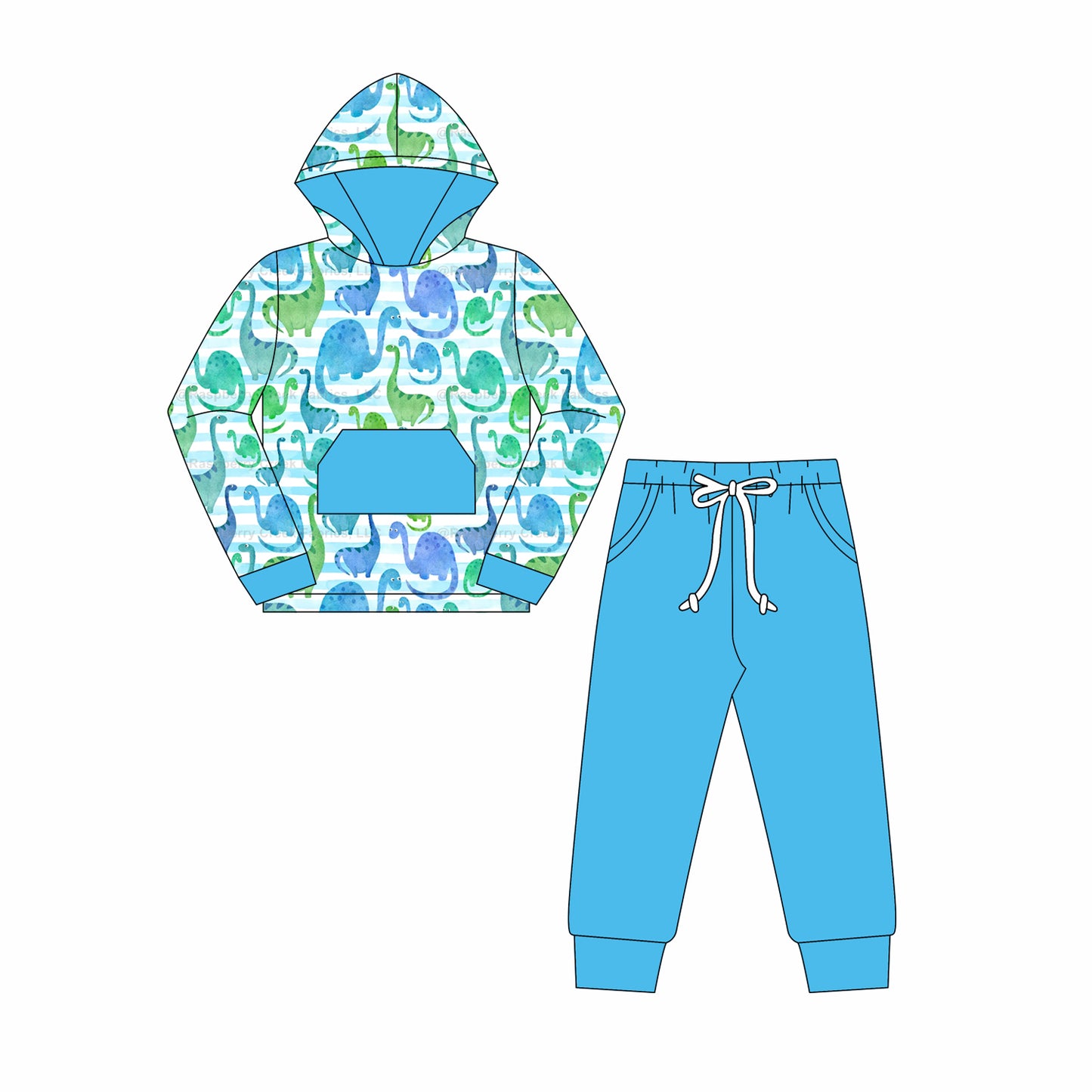preorder  BLP1092 Boys Boutique Dinosaur Pattern Shining Blue Hooded Long Sleeve Pants Set 202506