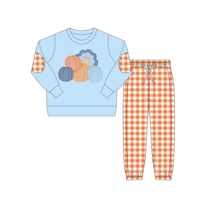 preorder  BLP1094 Boys Boutique Turkey Pumpkin Blue Long Sleeve Orange Plaid Pants Set 202506