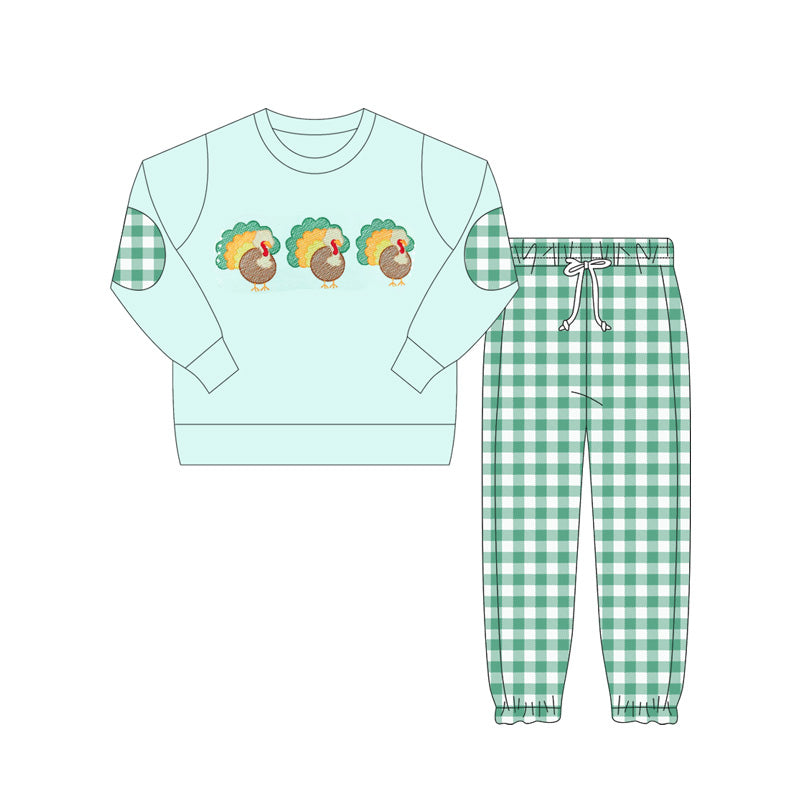preorder  BLP1095 Boys Boutique Turkey Pumpkin Green Long Sleeve Plaid Pants Set 202506