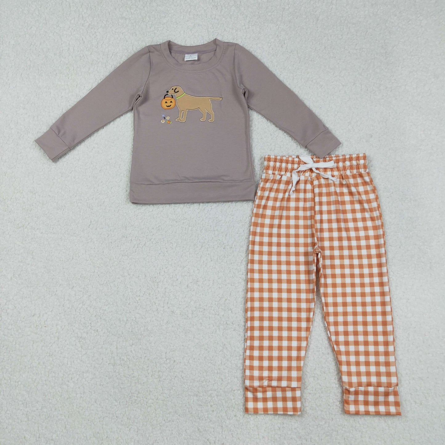 BLP1098 Boys Boutique Embroidered Halloween Jack-O'-Lantern Puppy Long Sleeve Orange Plaid Pants Set 202509 RTS