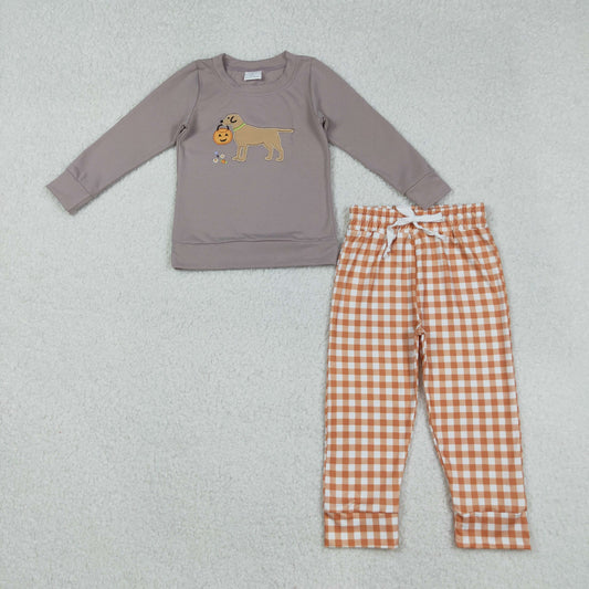 BLP1098 Boys Boutique Embroidered Halloween Jack-O'-Lantern Puppy Long Sleeve Orange Plaid Pants Set 202509 RTS