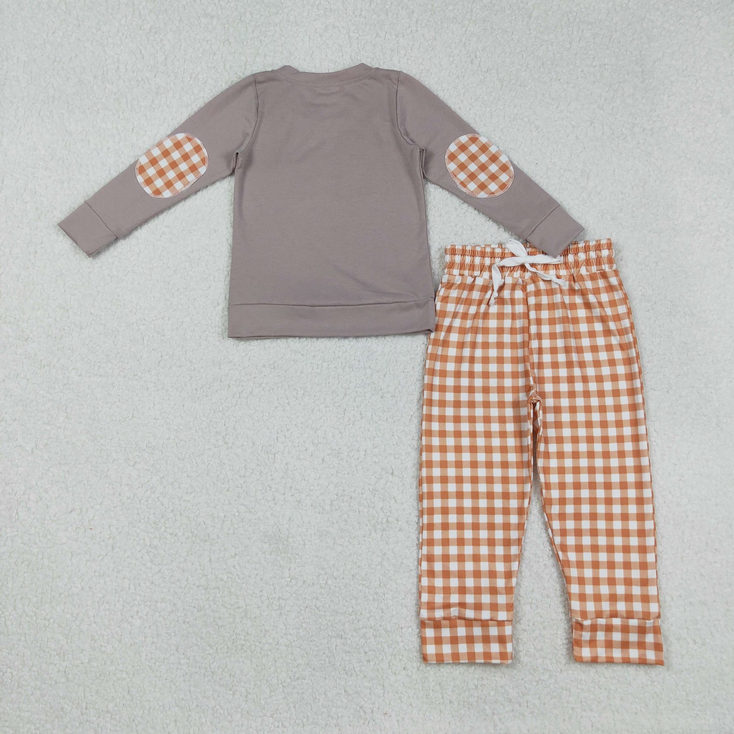 BLP1098 Boys Boutique Embroidered Halloween Jack-O'-Lantern Puppy Long Sleeve Orange Plaid Pants Set 202509 RTS