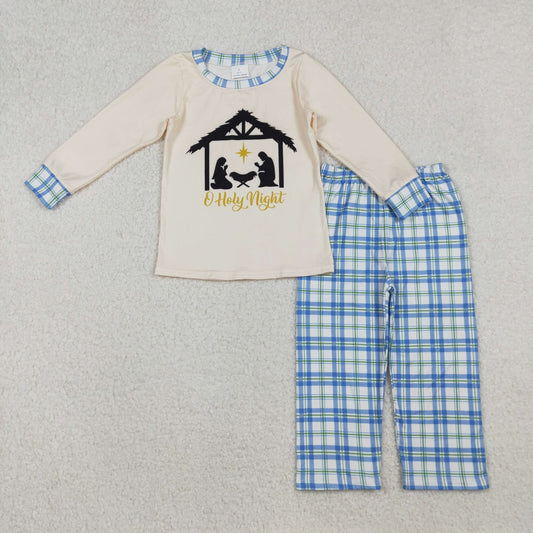 BLP1100-XS-3XL  Boys Boutique Holy Night Jesus Beige Long Sleeve Blue Plaid Pants Set 202510 RTS