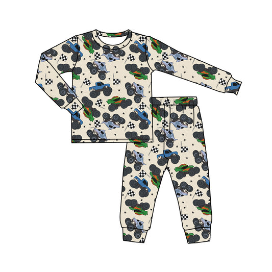 preorder  BLP1109 Boys Boutique Trucks Plaid Flag Long Sleeve Pajamas Pants  Set 202506