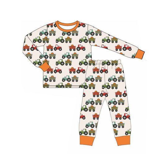 preorder  BLP1116 Boys Boutique Pumpkin Trucks Beige Orange Long Sleeve Pants Pajamas Set 202506