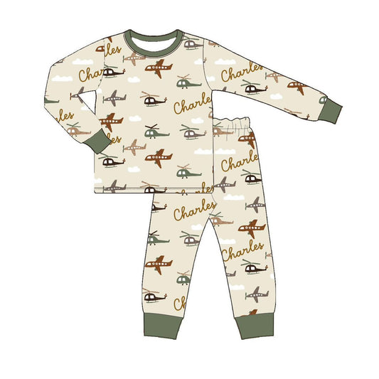 preorder  BLP1120 Boys Boutique Airplane White Cloud Beige Green Long Sleeve Pants Pajamas Set 202506