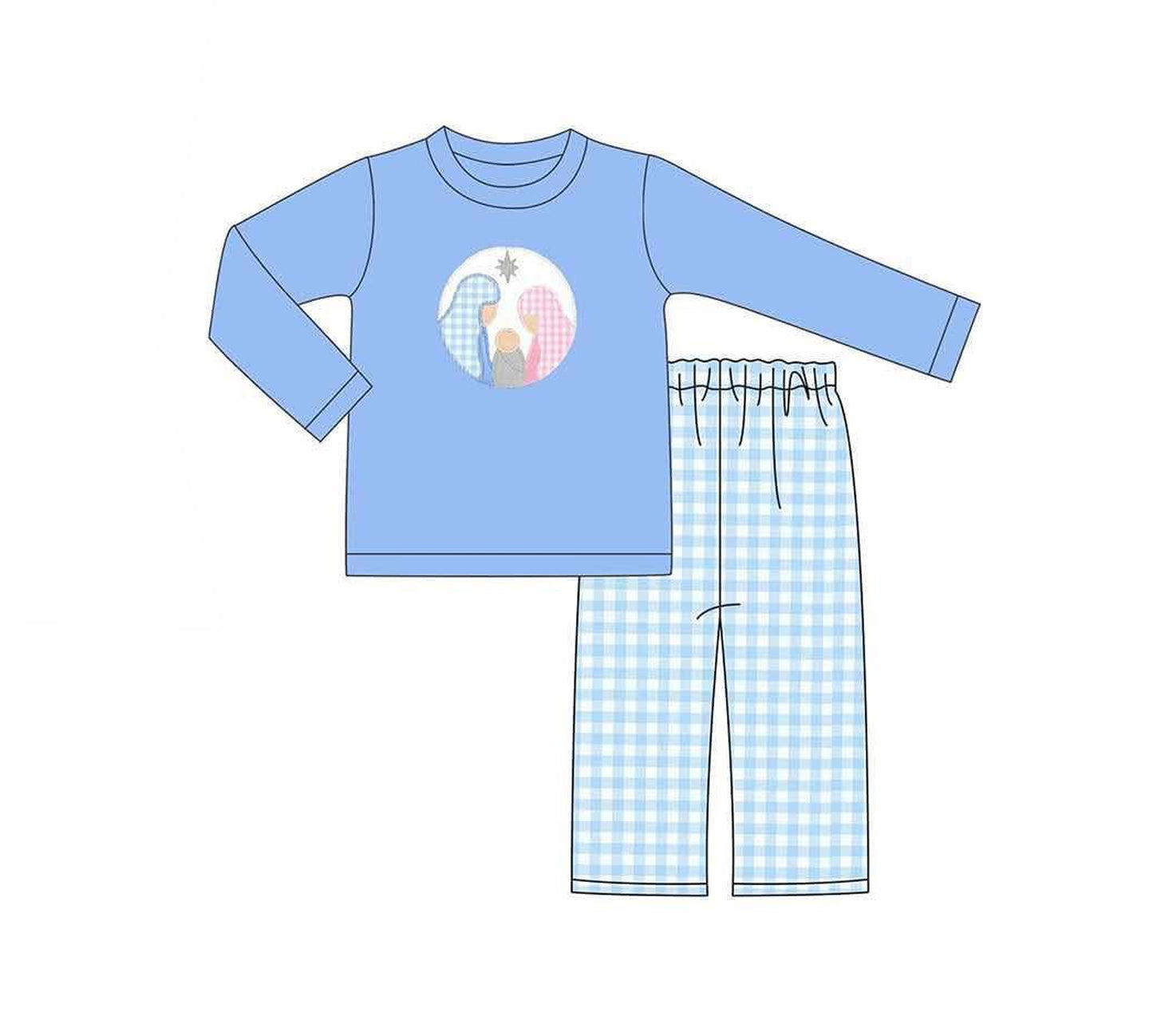 preorder  BLP1124 Boys Boutique Jesus Blue Long Sleeve Plaid Pants Set 202506