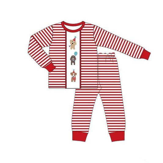 preorder  BLP1125 Boys Boutique Happy Birthday Puppy Red Stripe Long Sleeve Pants Pajamas Set 202506