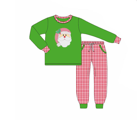 preorder  BLP1127 Boys Boutique Santa Claus Green Long Sleeve Red Plaid Pants Pajamas Set 202506