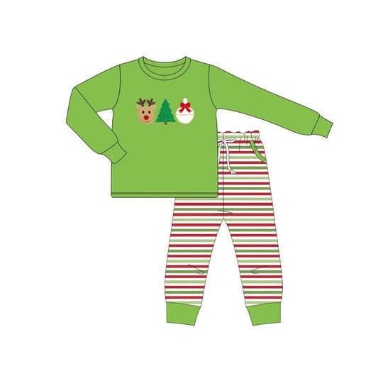 preorder  BLP1128 Boys Boutique Reindeer Christmas Tree Bell Green Long Sleeve Stripe Pants Set 202506