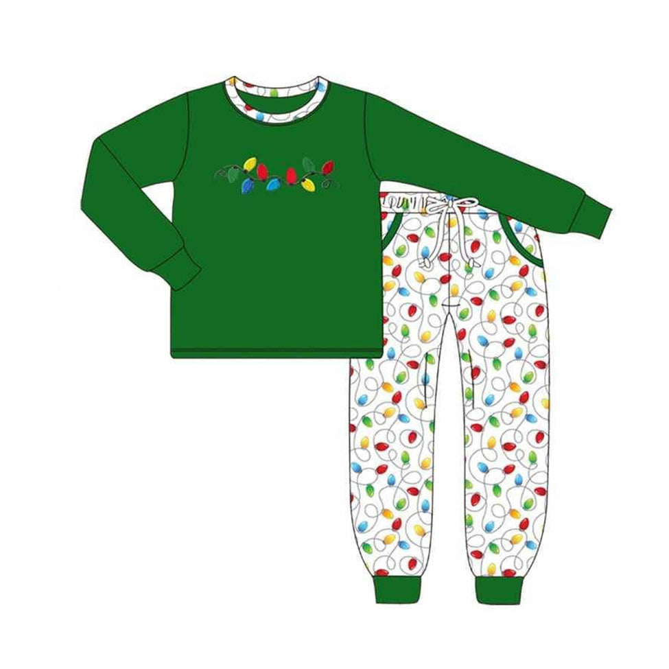 preorder  BLP1129 Boys Boutique Christmas Lights Green Long Sleeve Pants Set 202506