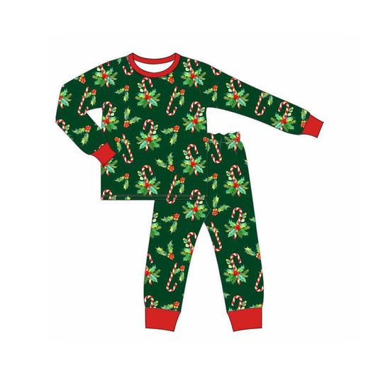 preorder  BLP1130 Boys Boutique Christmas Leaf Cane Green Long Sleeve Pants Pajamas Set 202506