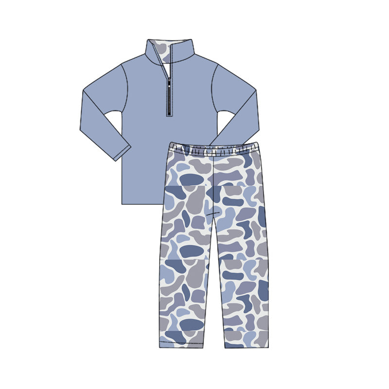 preorder  BLP1136 Boys Boutique Gray Blue Stand-up Long Sleeve Camo Pants  Set 202506