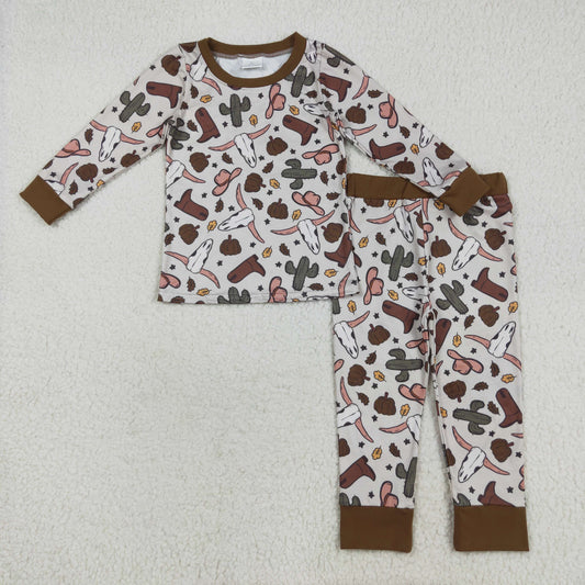 BLP1141 Boys Boutique Cactus Alpine Bull Head Cowboy Hat Boots Beige Long Sleeve Pants Pajamas Set 202507 RTS