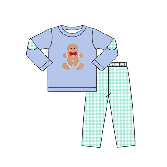 preorder  BLP1144 Boys Boutique Gingerbread Man Blue Long Sleeve Green Plaid Pants Set 202506
