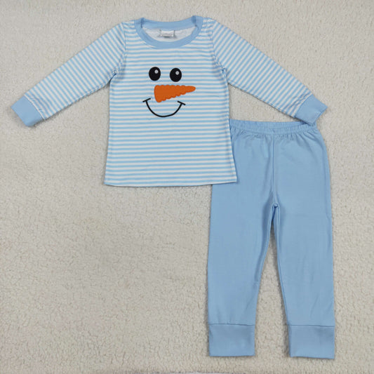 BLP1150 Boys Boutique Embroidered Christmas Snowman Smiley Face Blue Striped Long Sleeve Pants Pajamas Set 202507 RTS