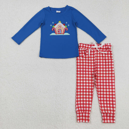BLP1151 Boys Boutique Embroidered Christmas Blue Long Sleeve Red Plaid Pants Set 202508 RTS