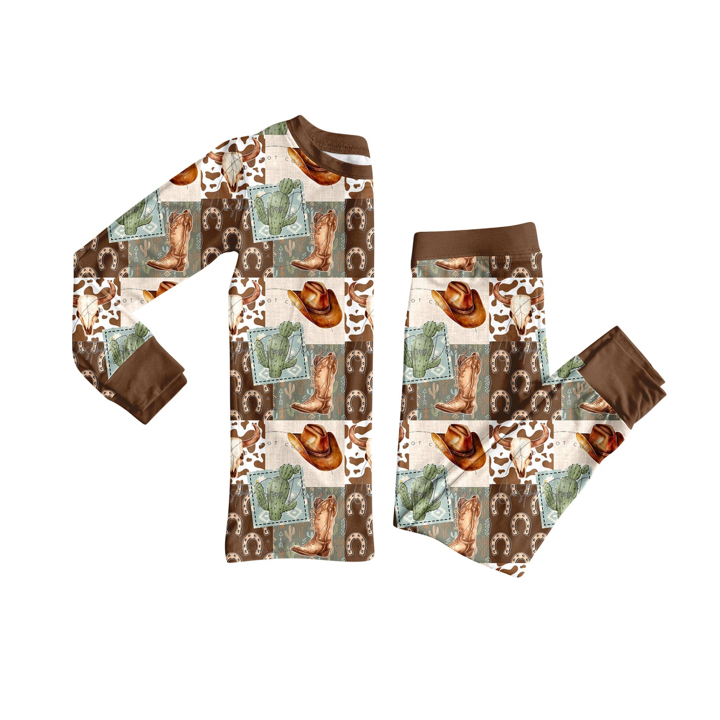preorder  BLP1152 Cactus Hat Cow boy Boutique Brown Long Sleeve Pants Set 202506