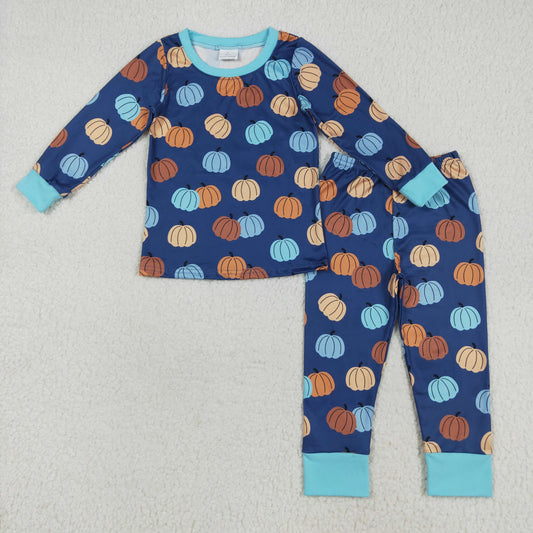 BLP1153 Halloween Pumpkin Boys Boutique Blue Long Sleeve Pants Pajamas Set 202507 RTS