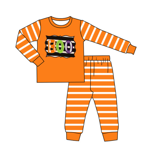preorder  BLP1163 Boys Boo Orange Striped Long Sleeve Pants Pajamas Set 202507