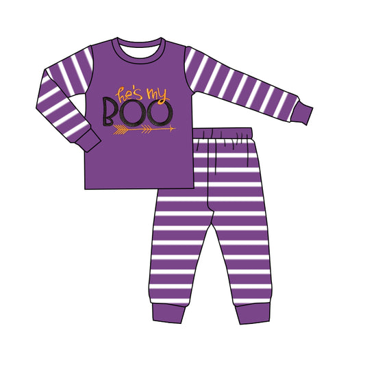 preorder  BLP1164 Boys Boo Purple Striped Long Sleeve Pants Pajamas Set 202507
