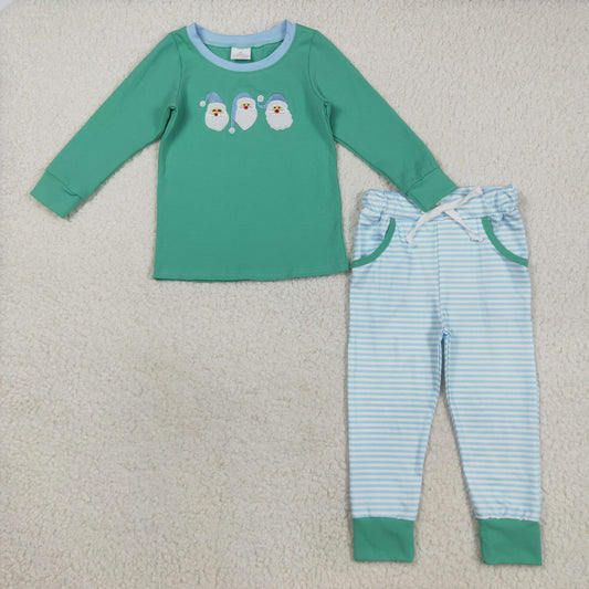 BLP1168 Embroidered Christmas Claus Blue Green Long Sleeve Stripe Pants Boys Set 202508 RTS Sibling