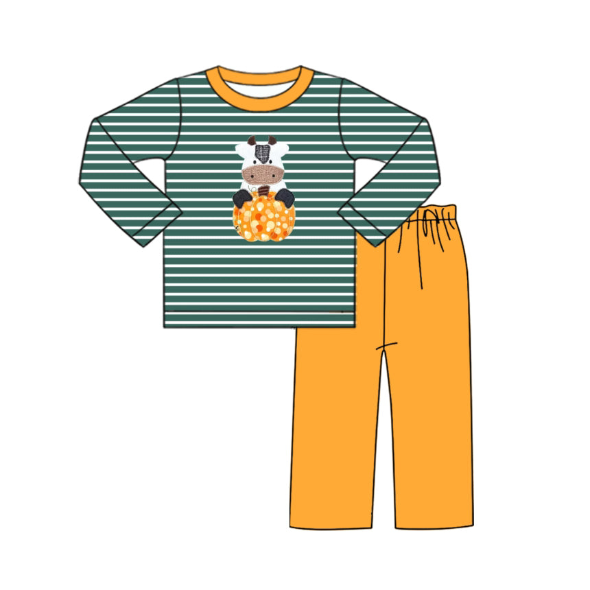 preorder  BLP1169 Pumpkin Cow Striped Green Long Sleeve Orange Pants Boys Set 202507