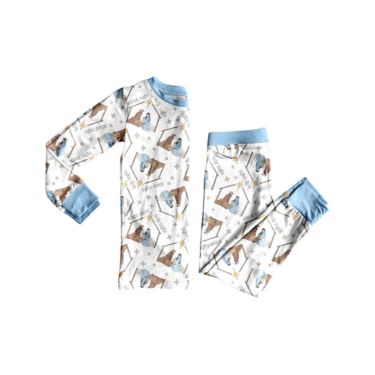 preorder  BLP1170 Christmas Jesus Blue White Long Sleeve Orange Pants Pajamas Boys Set 202507