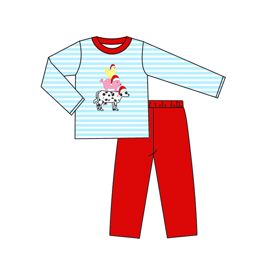 preorder  BLP1172 Sibling Christmas Farm Animals Blue Stripe Long Sleeve Red Pants Boys Set 202507