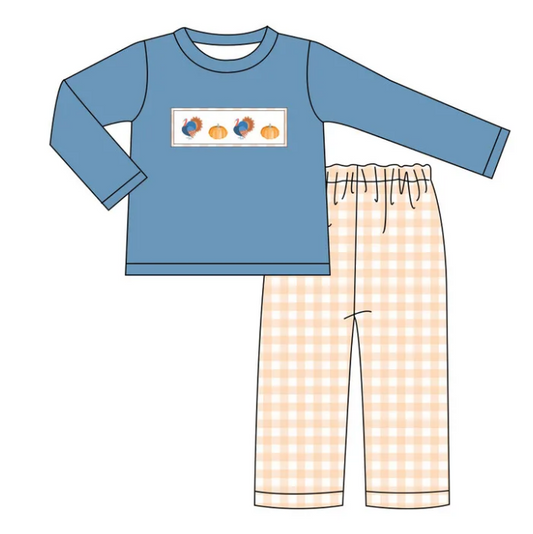 preorder  BLP1176 Thanksgiving Turkey Gray Blue Long-Sleeved Pants Boys Set 202507