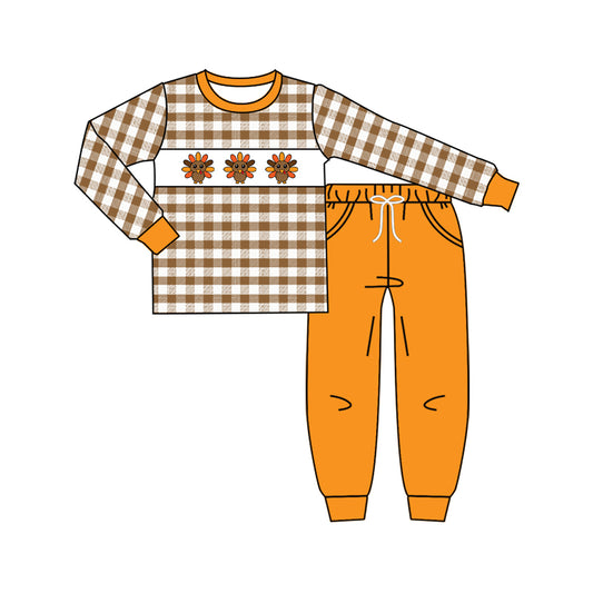 preorder  BLP1186 Thanksgiving Turkey Orange  Plaid Long-Sleeved Pants Boys Set 202507