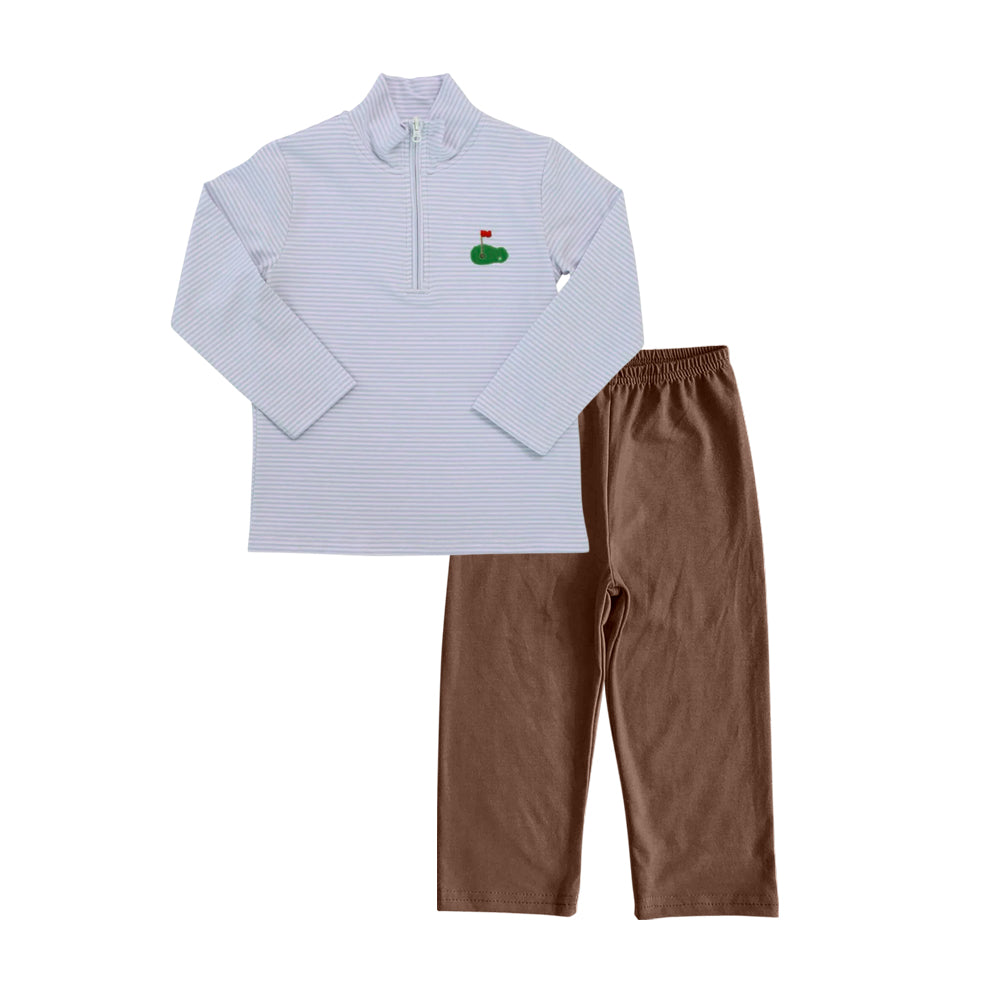 preorder  BLP1188 Golf Course Flag Blue Stripe Long-Sleeved Brown Pants Boys Set 202507