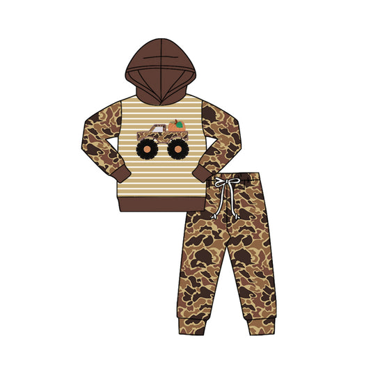 preorder  BLP1192 Thanksgiving Trucks Pumpkin Beige Brown Camouflage Hooded Long-Sleeved Pants Boys Set 202507