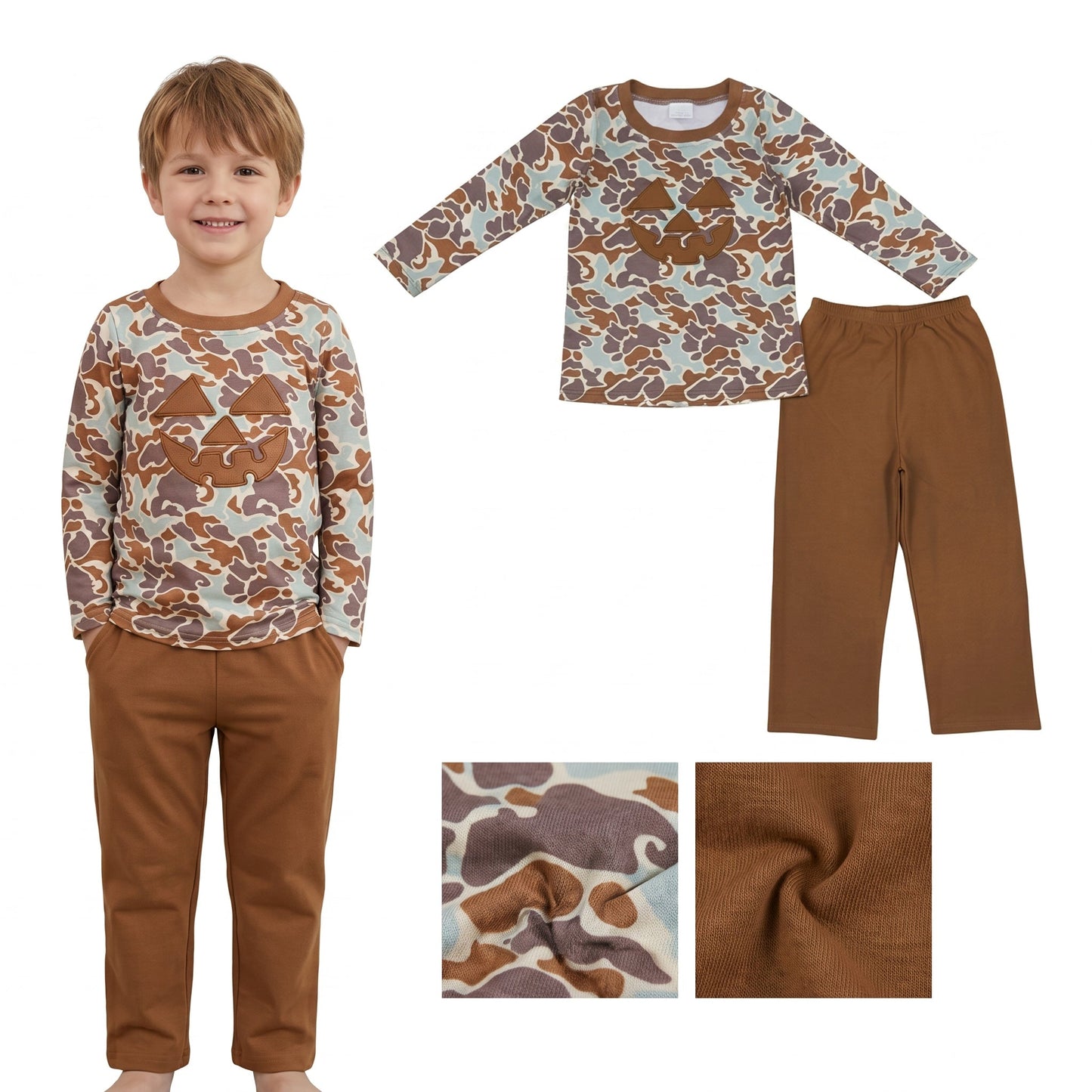BLP1193 Embroidery Halloween Pumpkin Camo Boys Set