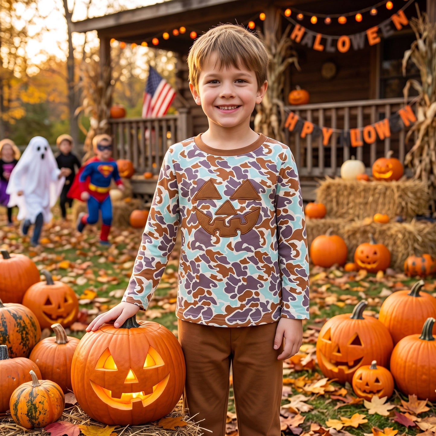 BLP1193 Embroidery Halloween Pumpkin Camo Boys Set