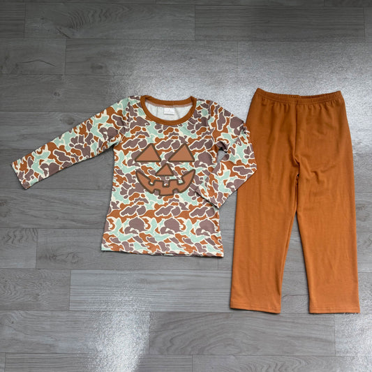 NO MOQ preorder BLP1193 Embroidered Halloween Ghost Pumpkin Brown Camouflage Long-Sleeved Pants Boys Set 202607