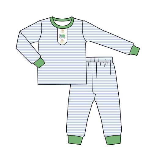 preorder BLP1201 Pumpkin Trucks Blue Stripe Long-Sleeved Pants Boys Pajamas Set 202507