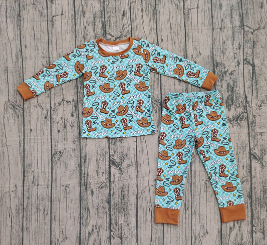 NO MOQ preorder BLP1207 Howdy Blue Green Cowboy Long-Sleeved Pants Boys Pajamas Set 202510