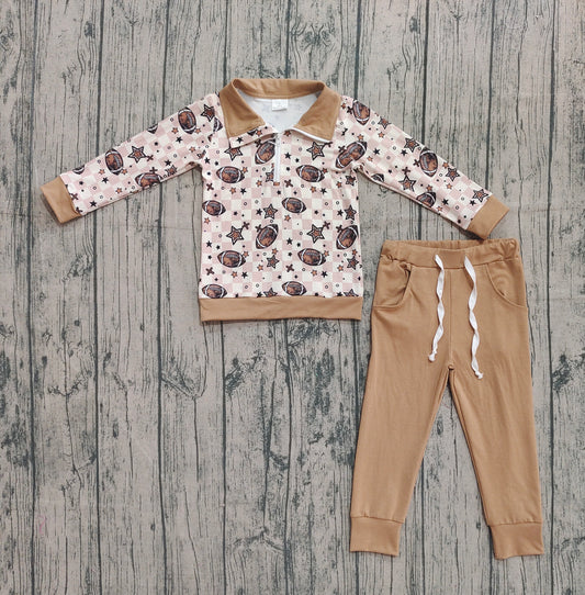 BLP1217 Rugby Star Plaid Zippy Collar Khaki Long-Sleeved Pants Boys Set 202509 RTS