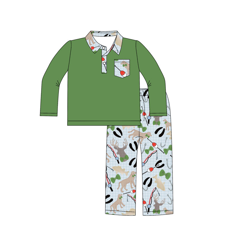preorder BLP1221 Puppy Fish Polo Green Long-Sleeved Pants Boys Set 202508