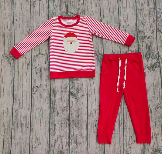 NO MOQ preorder BLP1223 Embroidered Christmas Santa Claus Stripe Red Long-Sleeved Pants Boys Set 202509