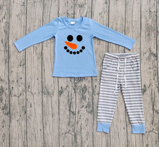 NO MOQ preorder BLP1231 Embroidered Christmas Snowman Smile Face Blue Long-Sleeved Stripe Pants Boys Set 202508